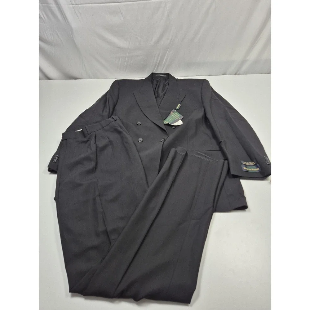 BeaverBrook Suit Mens 50 Long Black 100% Wool Double Breasted 2 Piece 45x36 NWT